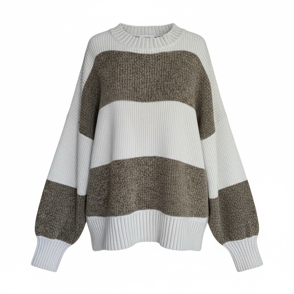 Altar'd State Olive Green/brown Striped Chunky Knit Sweater Balloon Sleeve Large